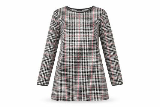 Front view of River Island women’s black houndstooth polyester a-line, size UK 10, round neck pullover