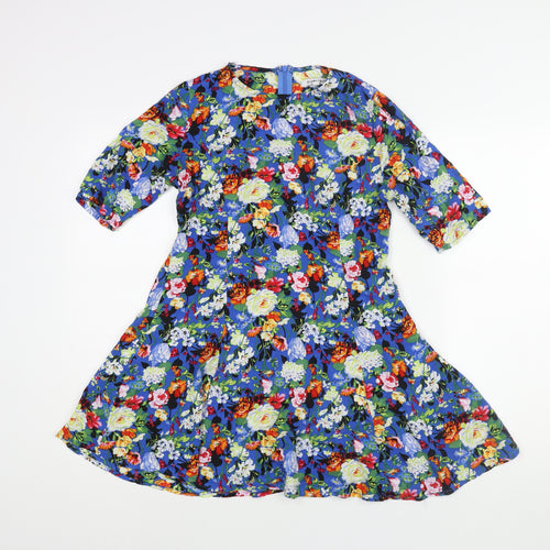 Glamorous Womens Blue Floral Viscose A-Line Size XS Round Neck Zip