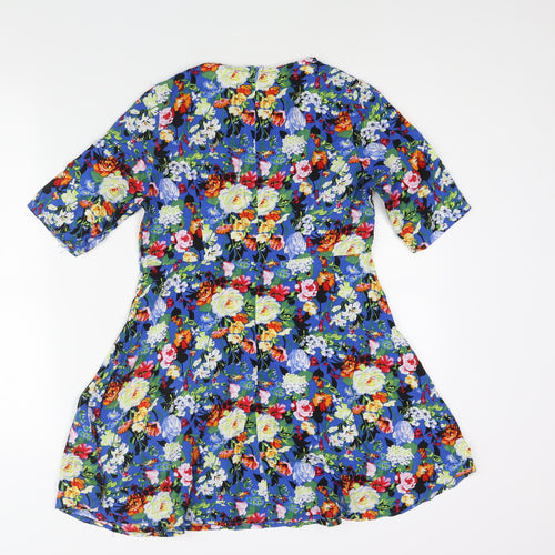 Glamorous Womens Blue Floral Viscose A-Line Size XS Round Neck Zip