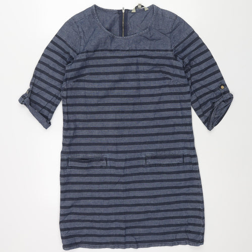 MANTARAY PRODUCTS Womens Blue Striped Cotton Shift Size 14 Round Neck Zip