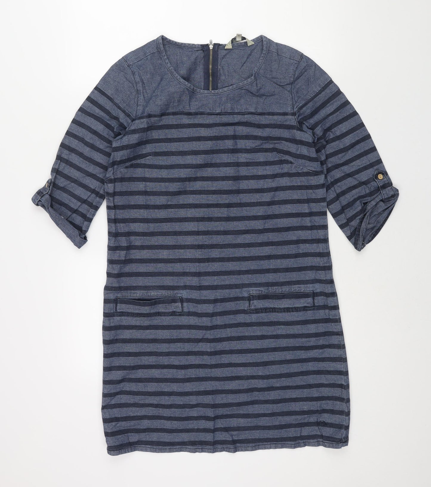 MANTARAY PRODUCTS Womens Blue Striped Cotton Shift Size 14 Round Neck Zip