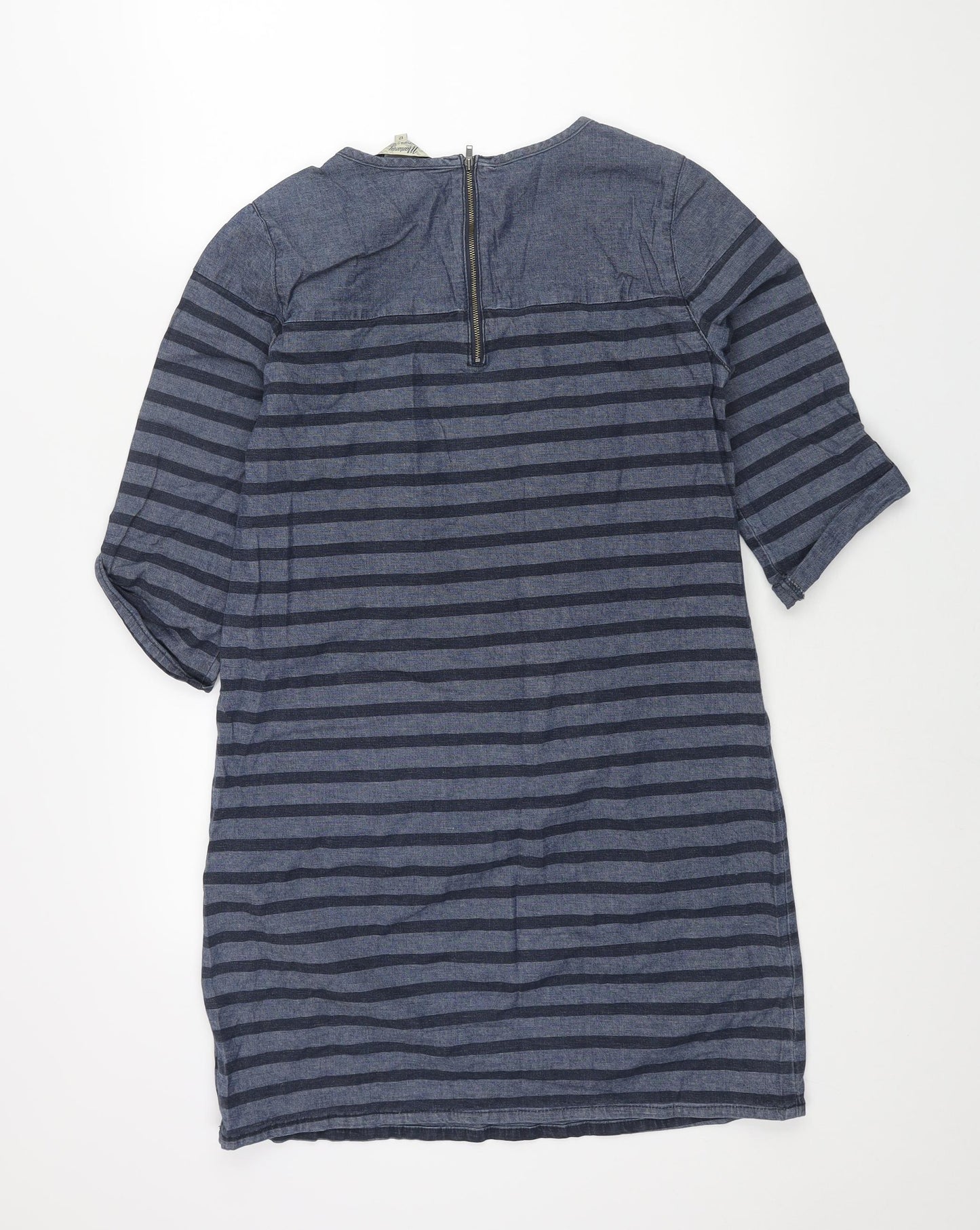 MANTARAY PRODUCTS Womens Blue Striped Cotton Shift Size 14 Round Neck Zip