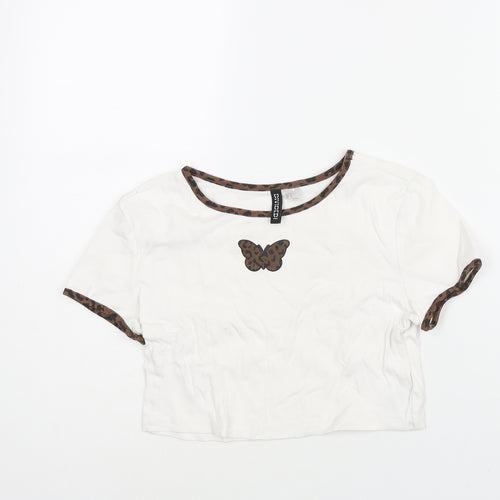 Divided by H&M Womens White Cotton Cropped T-Shirt Size M Round Neck - Butterfly Print