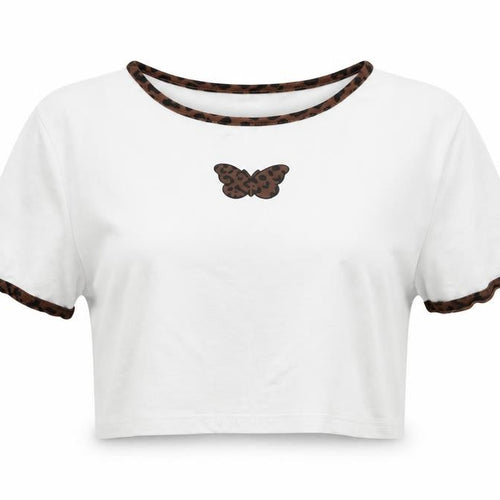 Divided by H&M Womens White Cotton Cropped T-Shirt Size M Round Neck - Butterfly Print