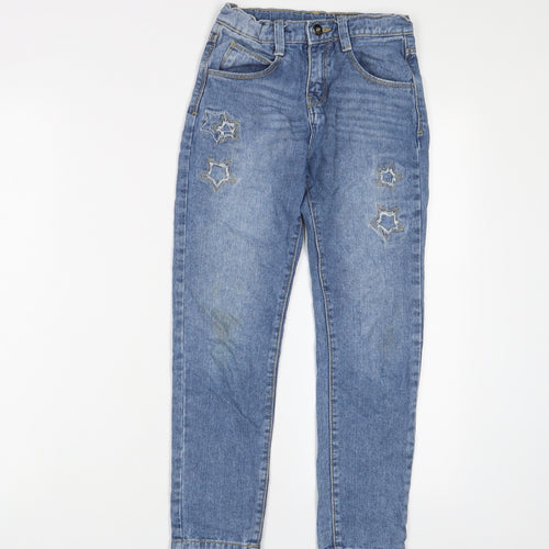 John Lewis Girls Blue Cotton Straight Jeans Size 8 Years Regular Zip - Embroidered, Stars