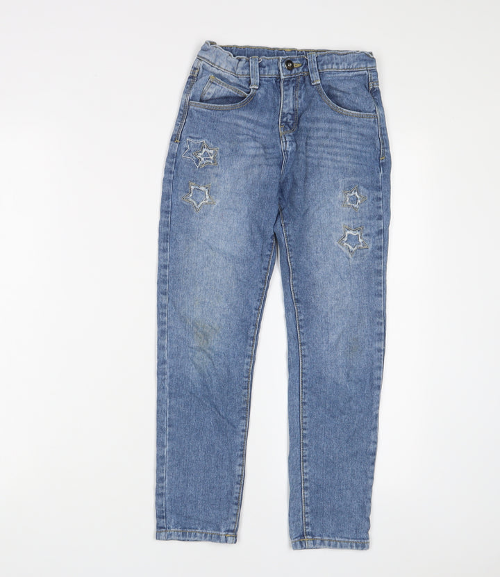 John Lewis Girls Blue Cotton Straight Jeans Size 8 Years Regular Zip - Embroidered, Stars