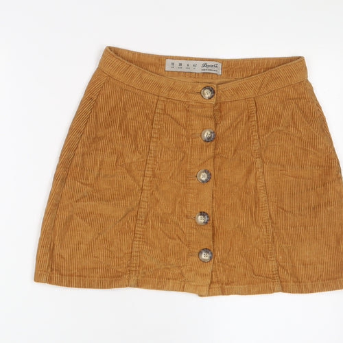 Denim & Co. Womens Yellow Cotton A-Line Skirt Size 10 Button