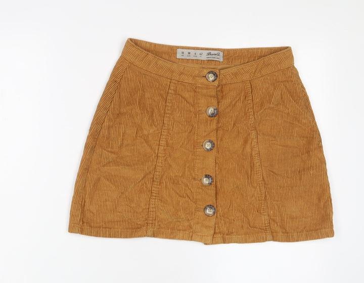 Denim & Co. Womens Yellow Cotton A-Line Skirt Size 10 Button