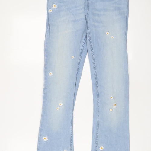 Marks and Spencer Girls Blue Floral Cotton Flared Jeans Size 15-16 Years L30 in Regular Button - Embroidered