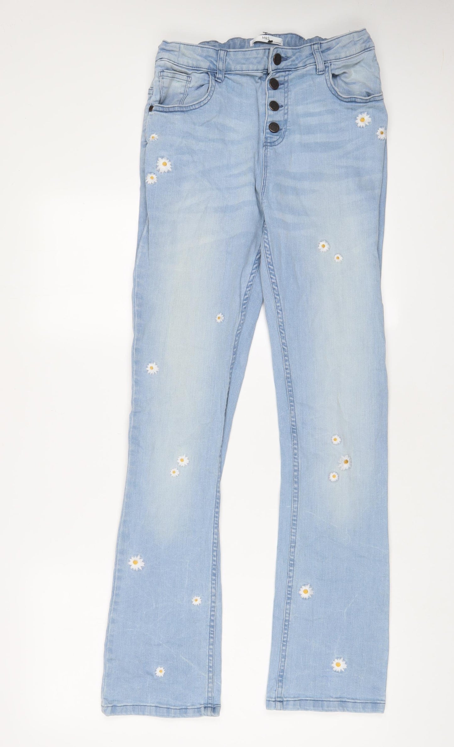 Marks and Spencer Girls Blue Floral Cotton Flared Jeans Size 15-16 Years L30 in Regular Button - Embroidered