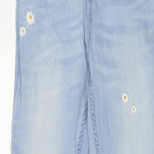 Marks and Spencer Girls Blue Floral Cotton Flared Jeans Size 15-16 Years L30 in Regular Button - Embroidered