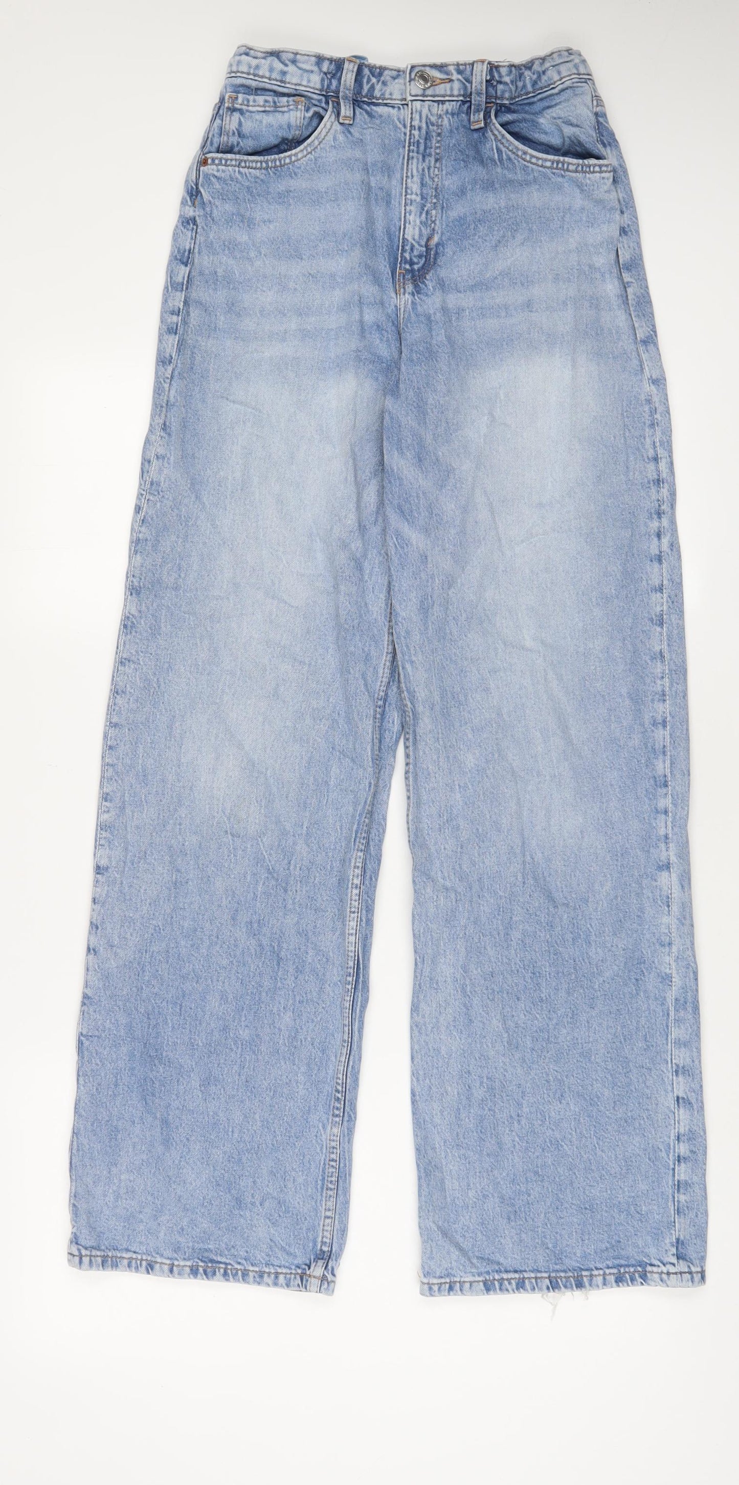 H&M Girls Blue Cotton Wide-Leg Jeans Size 13-14 Years L30 in Regular Zip - Adjustable waist, Pockets