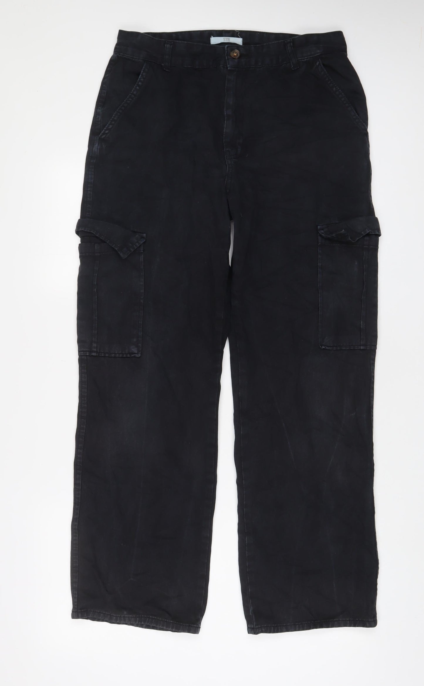 Stradivarius Womens Black Cotton Cargo Trousers Size 16 L30 in Regular Zip