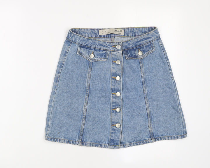 Denim & Co. Womens Blue Cotton A-Line Skirt Size 8 Button