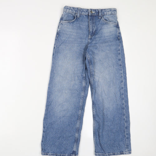 Denim & Co. Girls Blue Cotton Wide-Leg Jeans Size 8-9 Years L24 in Regular Zip - Adjustable waist, Pockets