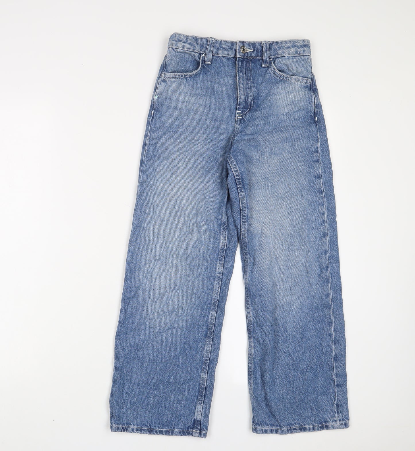 Denim & Co. Girls Blue Cotton Wide-Leg Jeans Size 8-9 Years L24 in Regular Zip - Adjustable waist, Pockets