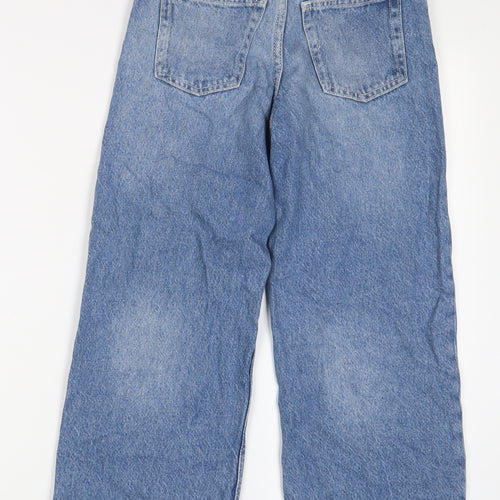 Denim & Co. Girls Blue Cotton Wide-Leg Jeans Size 8-9 Years L24 in Regular Zip - Adjustable waist, Pockets
