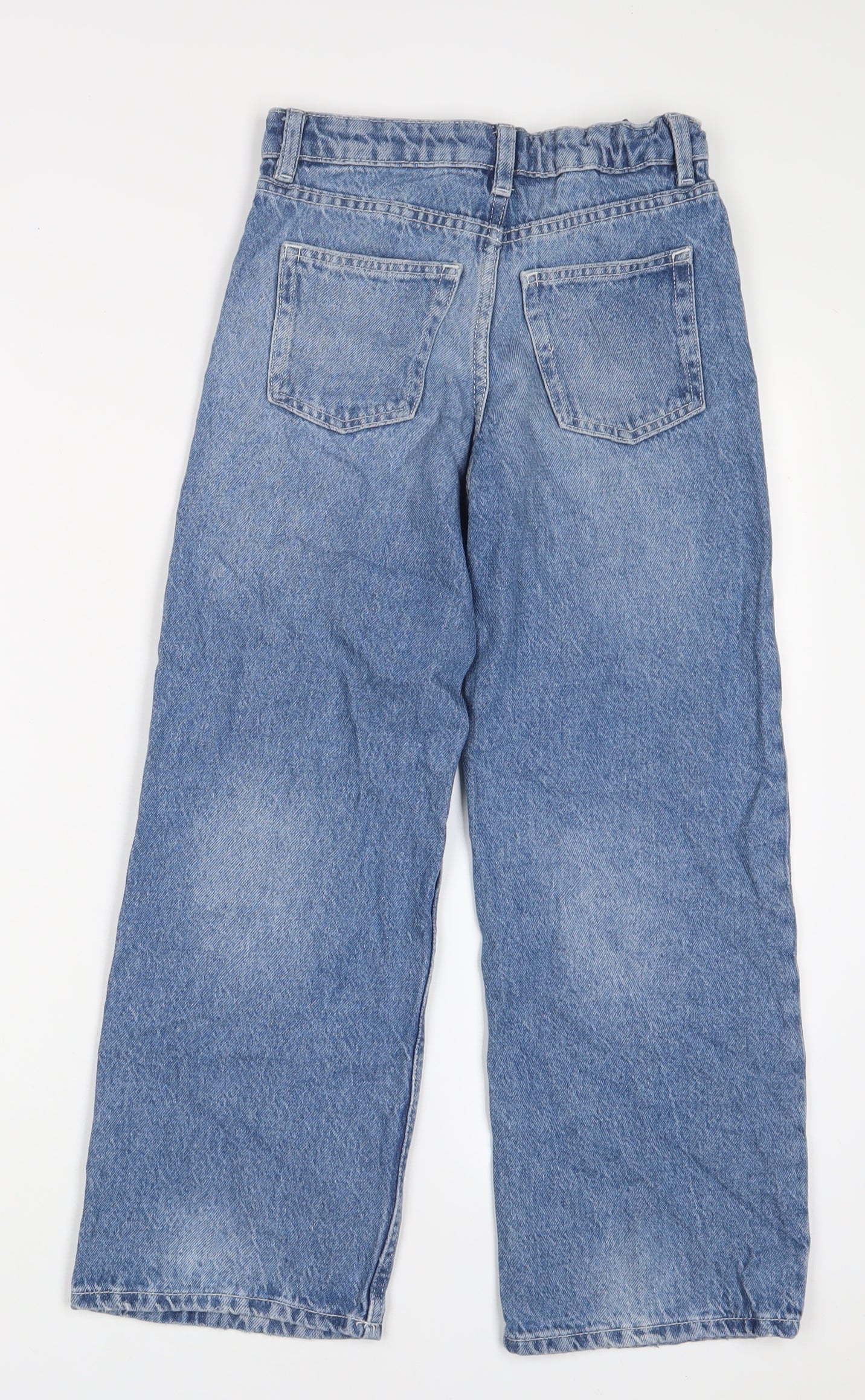 Denim & Co. Girls Blue Cotton Wide-Leg Jeans Size 8-9 Years L24 in Regular Zip - Adjustable waist, Pockets