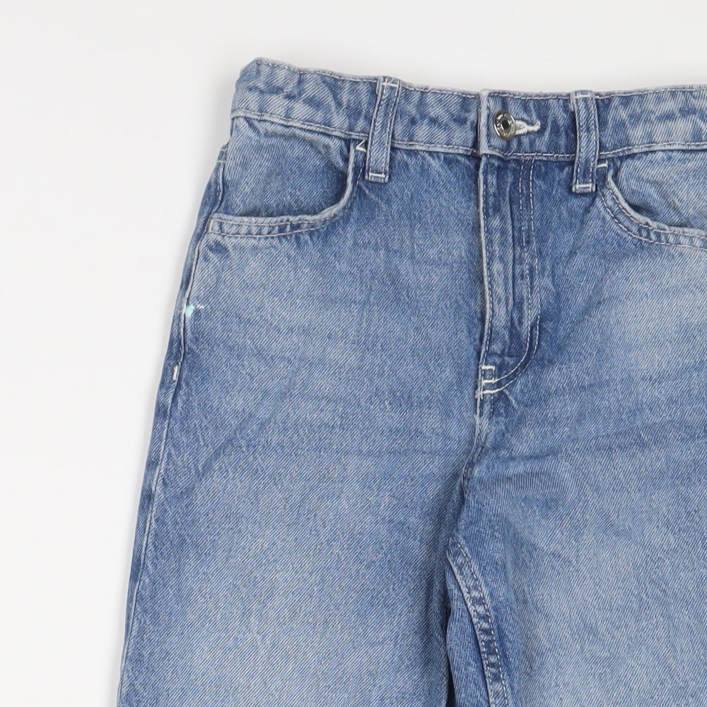 Denim & Co. Girls Blue Cotton Wide-Leg Jeans Size 8-9 Years L24 in Regular Zip - Adjustable waist, Pockets