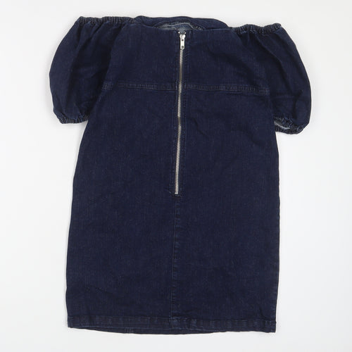 Miss Selfridge Womens Blue Cotton A-Line Size 8 Off the Shoulder Zip
