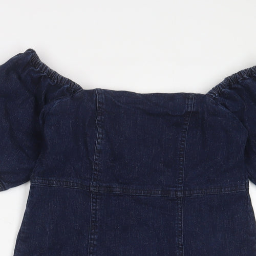 Miss Selfridge Womens Blue Cotton A-Line Size 8 Off the Shoulder Zip