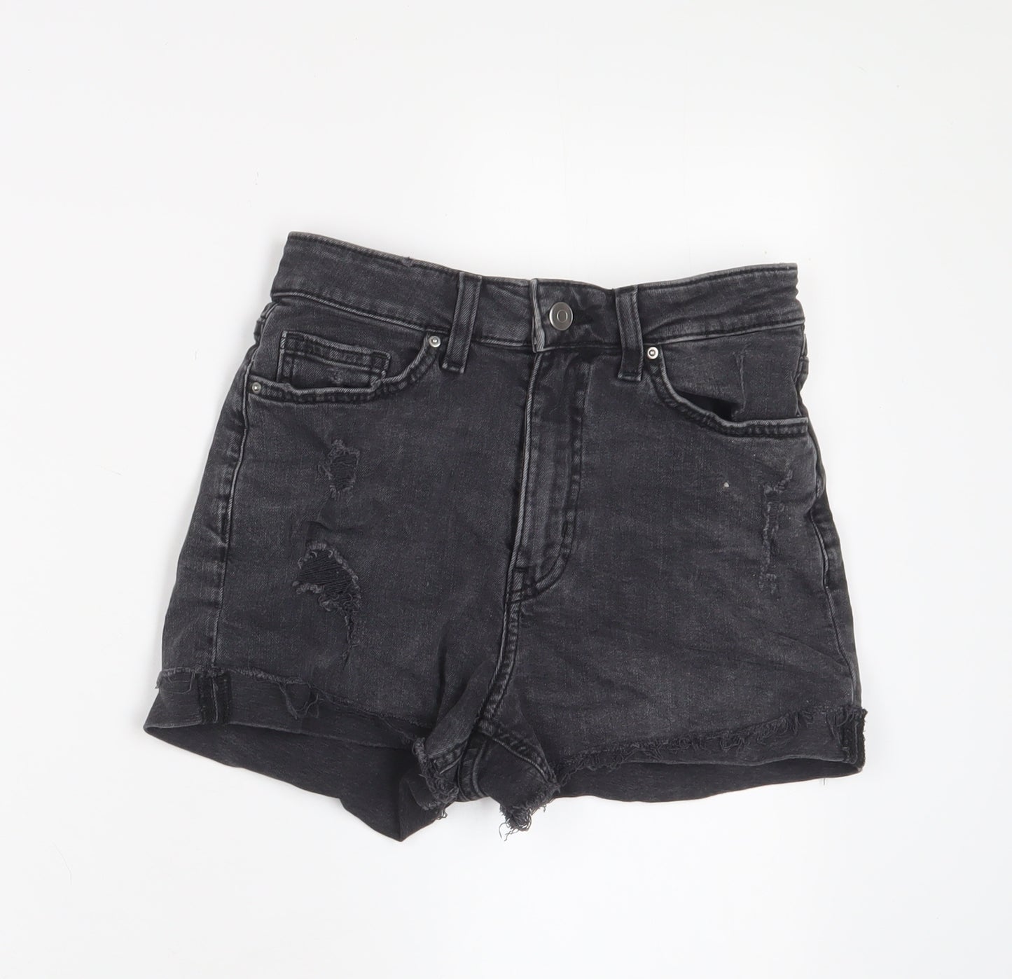 H&M Womens Black Cotton Basic Shorts Size 8 Regular Zip - Distressed, Pockets