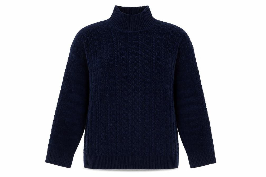 Front view of Adrienne Vittadini women’s blue high neck polyester jumper, size M