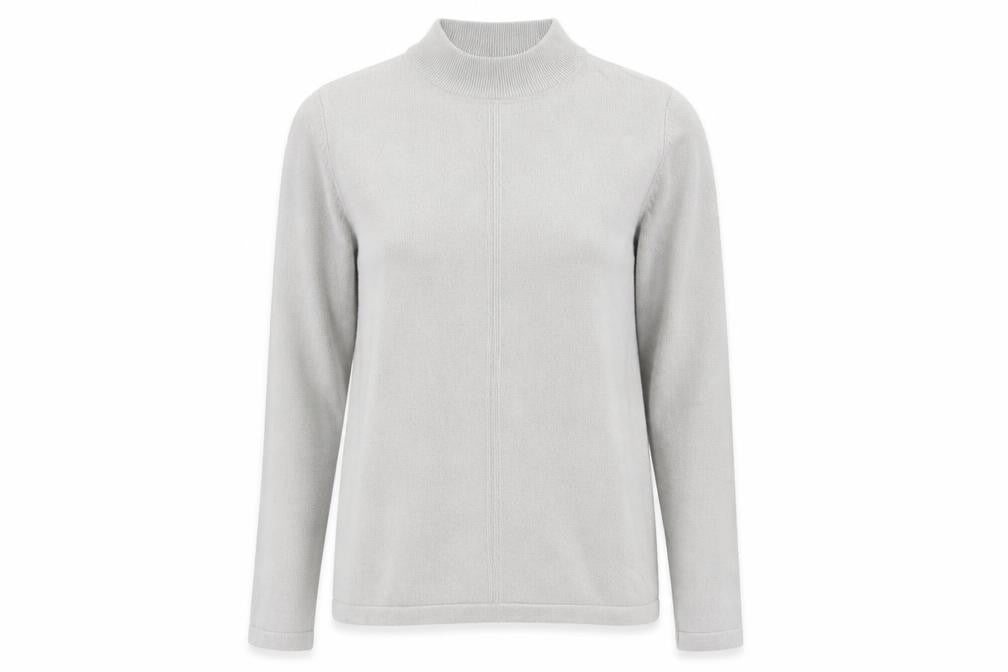 Front view of Marks & Spencer women’s grey round neck acrylic jumper, size UK 14