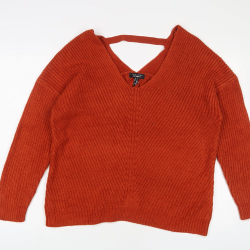 New Look Womens Orange V-Neck Acrylic Pullover Jumper Size S