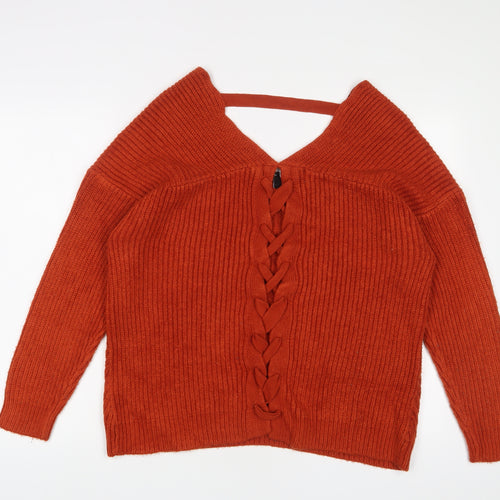 New Look Womens Orange V-Neck Acrylic Pullover Jumper Size S