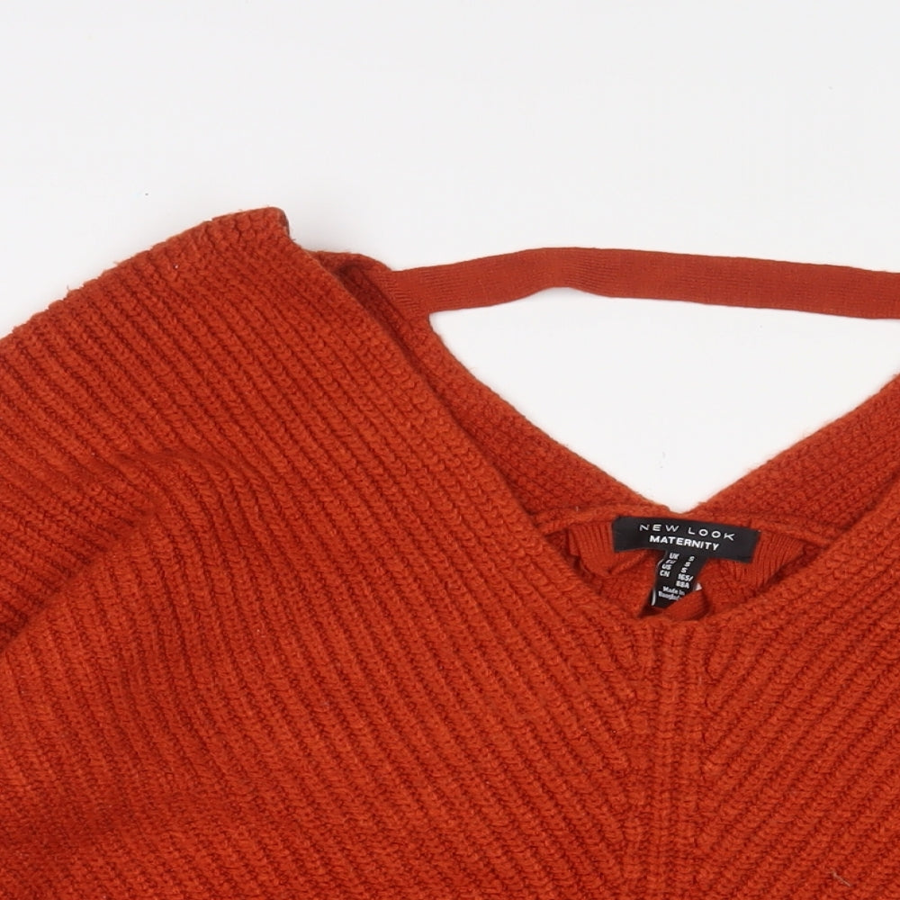 New Look Womens Orange V-Neck Acrylic Pullover Jumper Size S