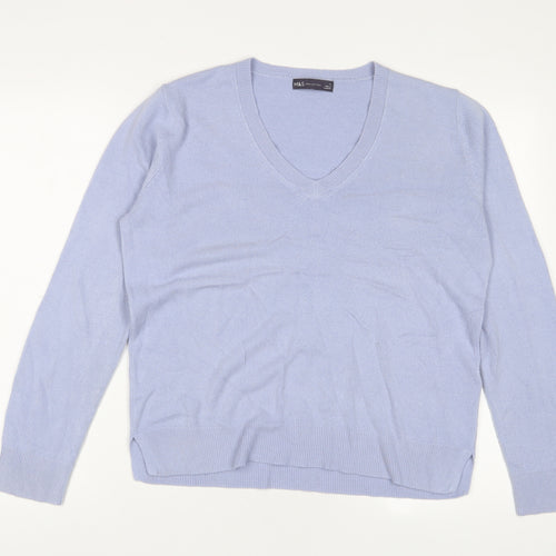 Marks and Spencer Womens Blue V-Neck Acrylic Pullover Jumper Size 14