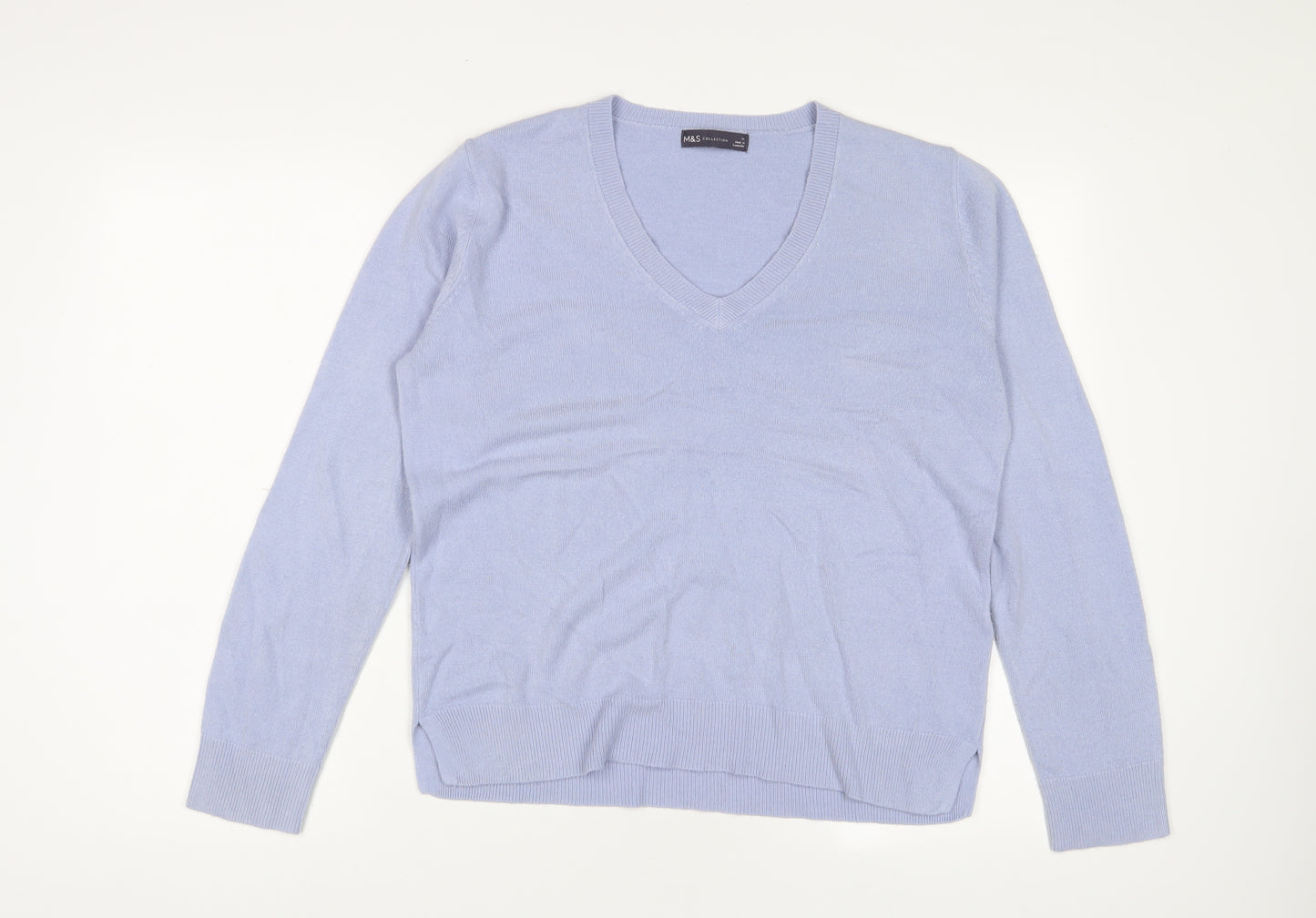 Marks and Spencer Womens Blue V-Neck Acrylic Pullover Jumper Size 14