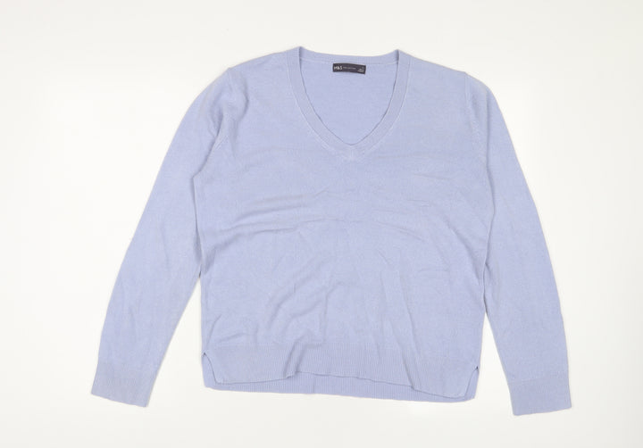 Marks and Spencer Womens Blue V-Neck Acrylic Pullover Jumper Size 14