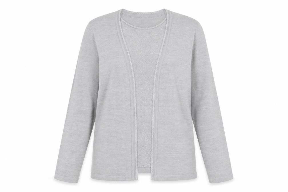 Front view of EWM women’s grey crew neck acrylic jumper, size UK 14, -, size UK 14-16