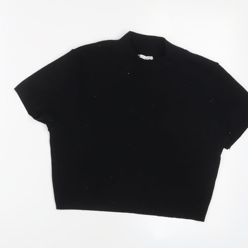 Zara Womens Black Polyester Cropped T-Shirt Size L Round Neck