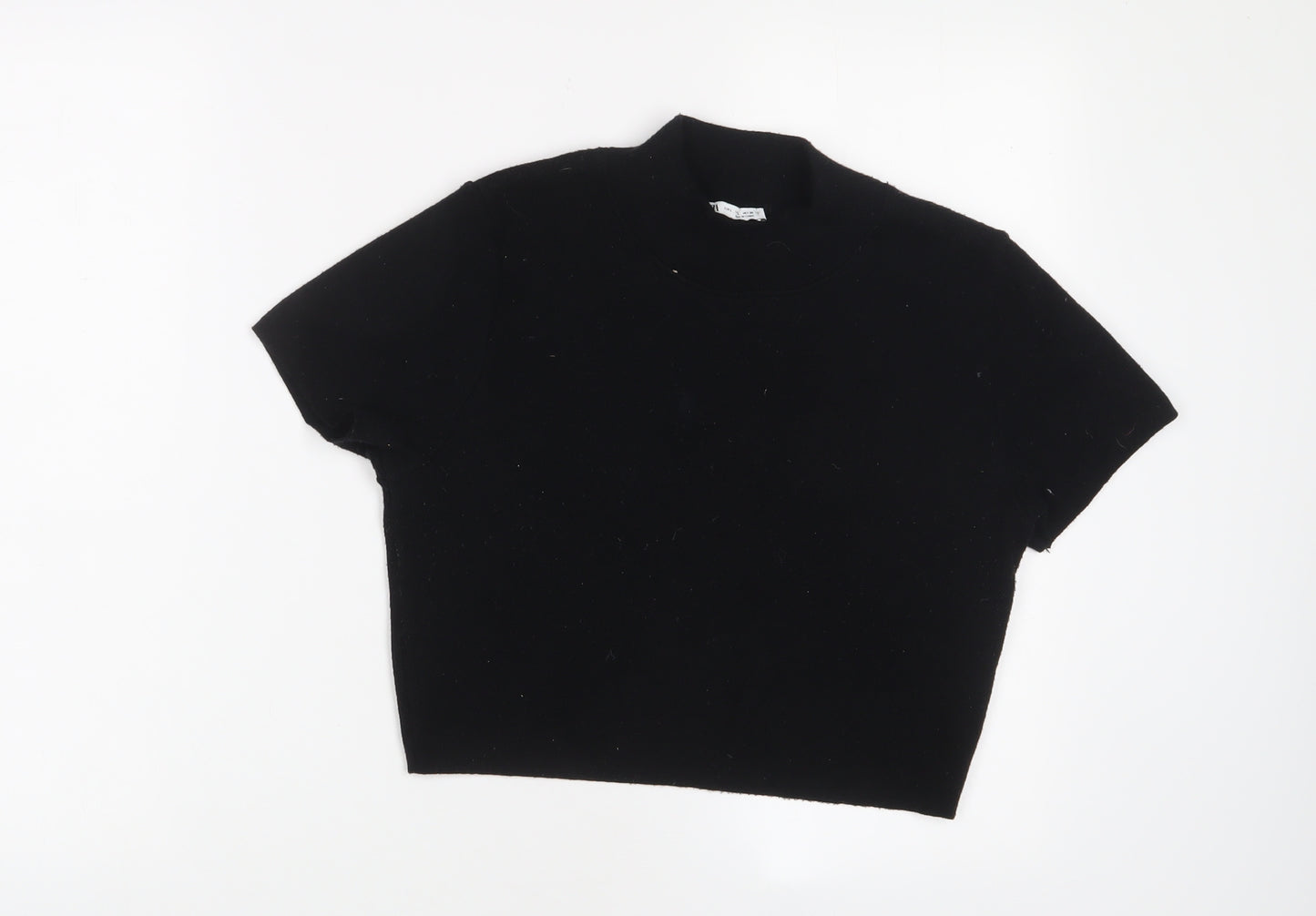 Zara Womens Black Polyester Cropped T-Shirt Size L Round Neck