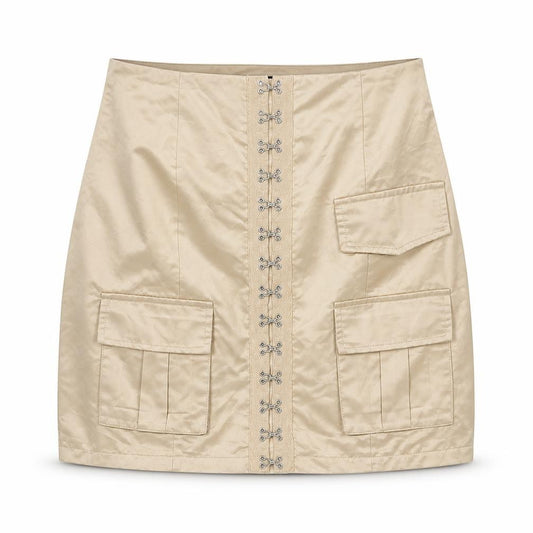 Front view of PRETTYLITTLETHING women’s beige polyester cargo skirt, size UK 6