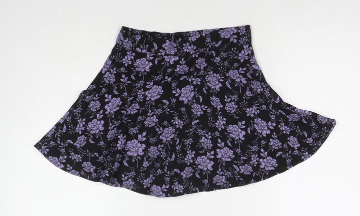 Zara Womens Black Floral Polyester Skater Skirt Size XS Zip