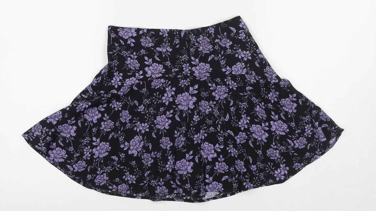 Zara Womens Black Floral Polyester Skater Skirt Size XS Zip
