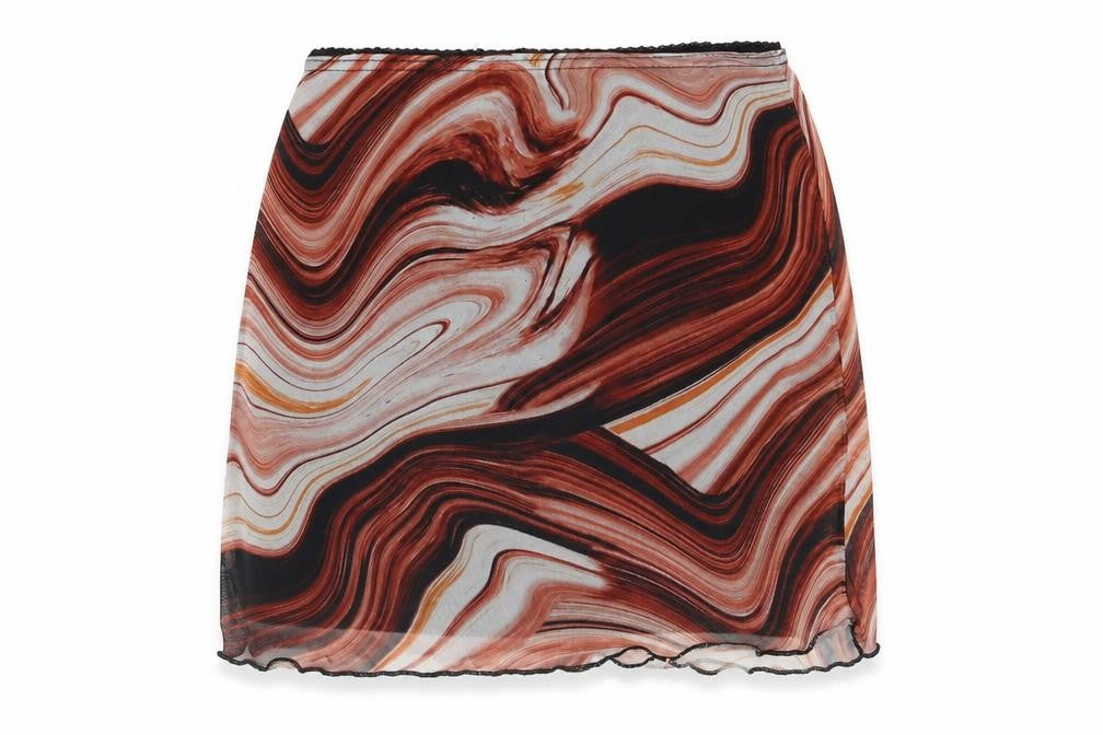 Front view of PRETTYLITTLETHING women’s brown geometric polyester mini skirt, size UK 6