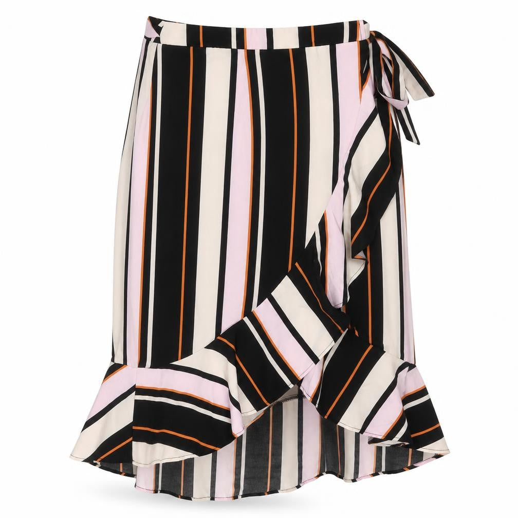 Front view of Outrageous women’s multicoloured striped polyester wrap skirt, size UK 8, tie