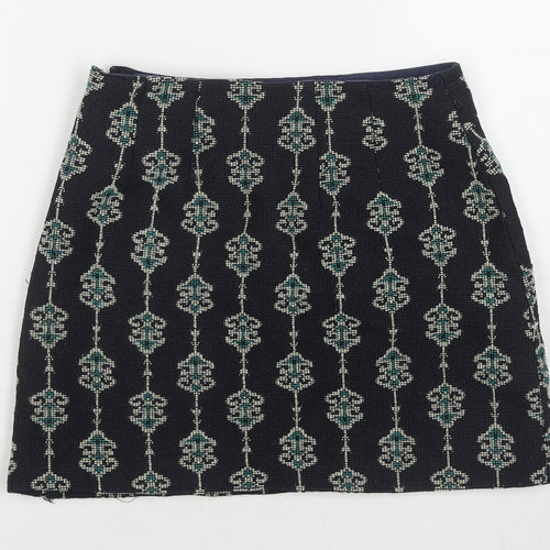 Zara Womens Blue Geometric Polyester Mini Skirt Size S Zip - Embraided