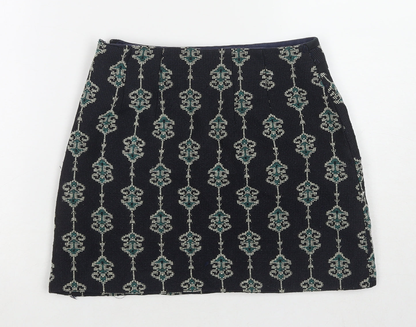 Zara Womens Blue Geometric Polyester Mini Skirt Size S Zip - Embraided