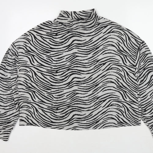 New Look Womens Grey Mock Neck Animal Print Polyester Pullover Jumper Size M - Zebra Print