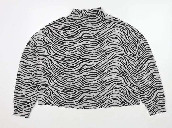 New Look Womens Grey Mock Neck Animal Print Polyester Pullover Jumper Size M - Zebra Print
