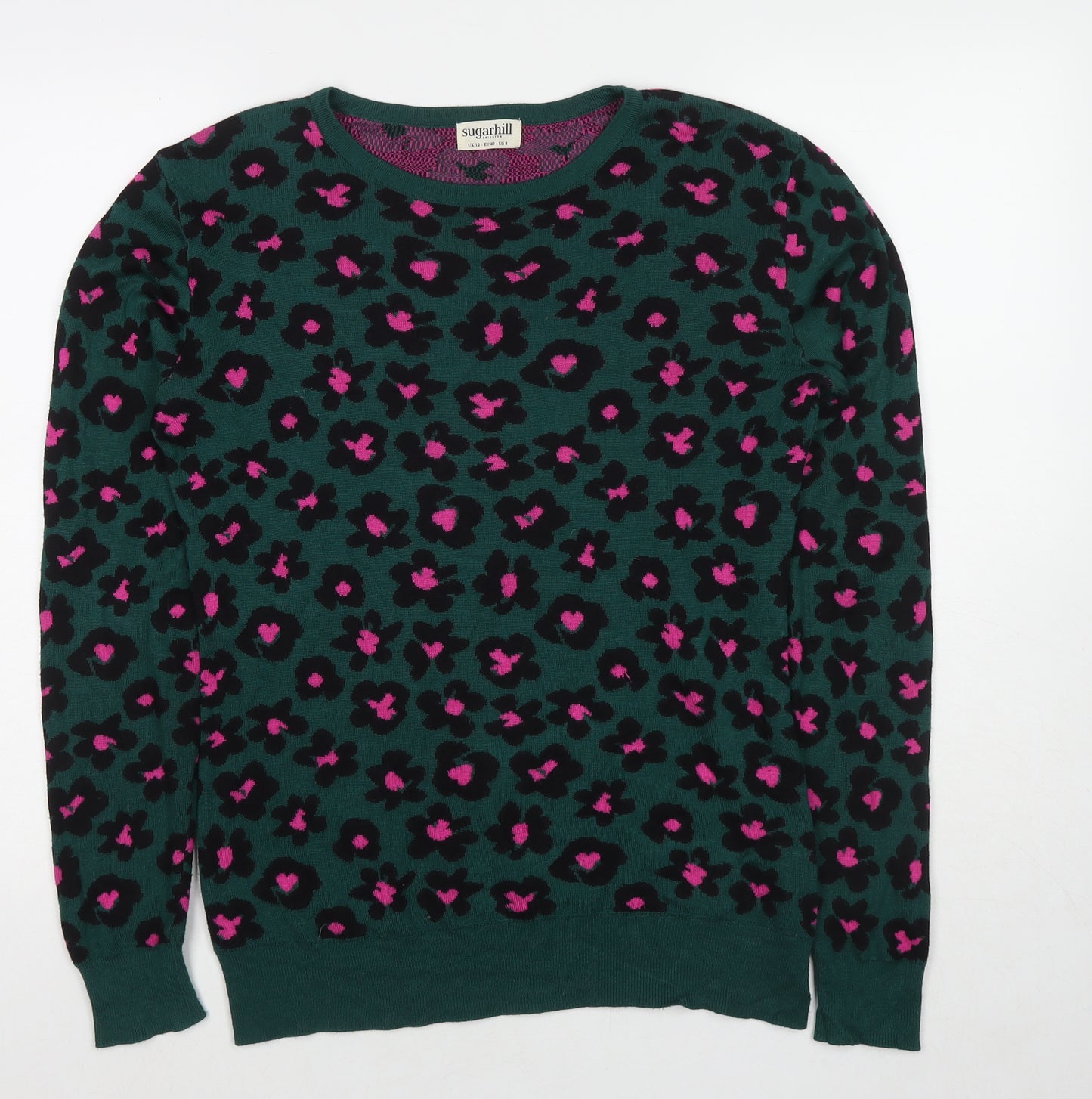Sugarhill Womens Green Round Neck Floral Cotton Pullover Jumper Size 12