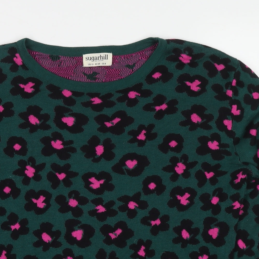 Sugarhill Womens Green Round Neck Floral Cotton Pullover Jumper Size 12
