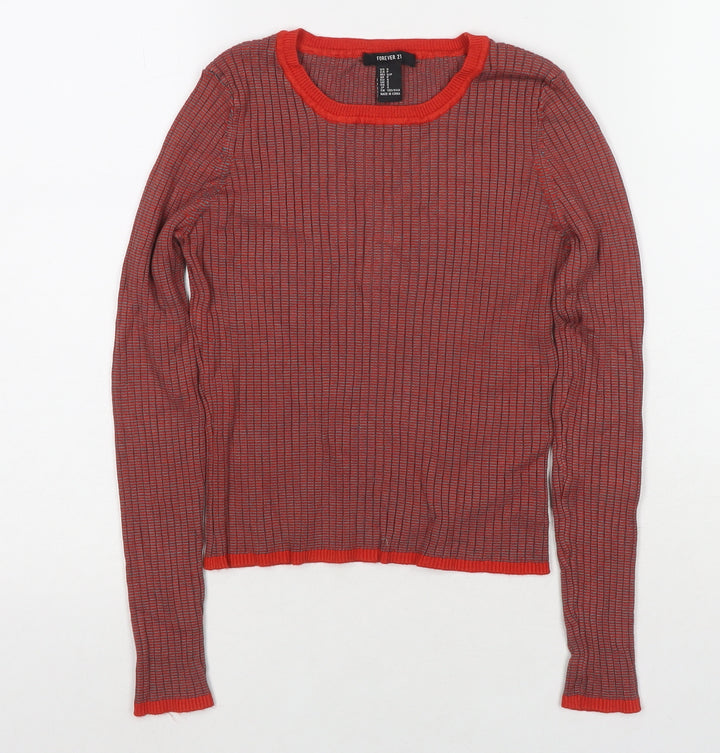 FOREVER 21 Womens Red Round Neck Striped Polyester Pullover Jumper Size S