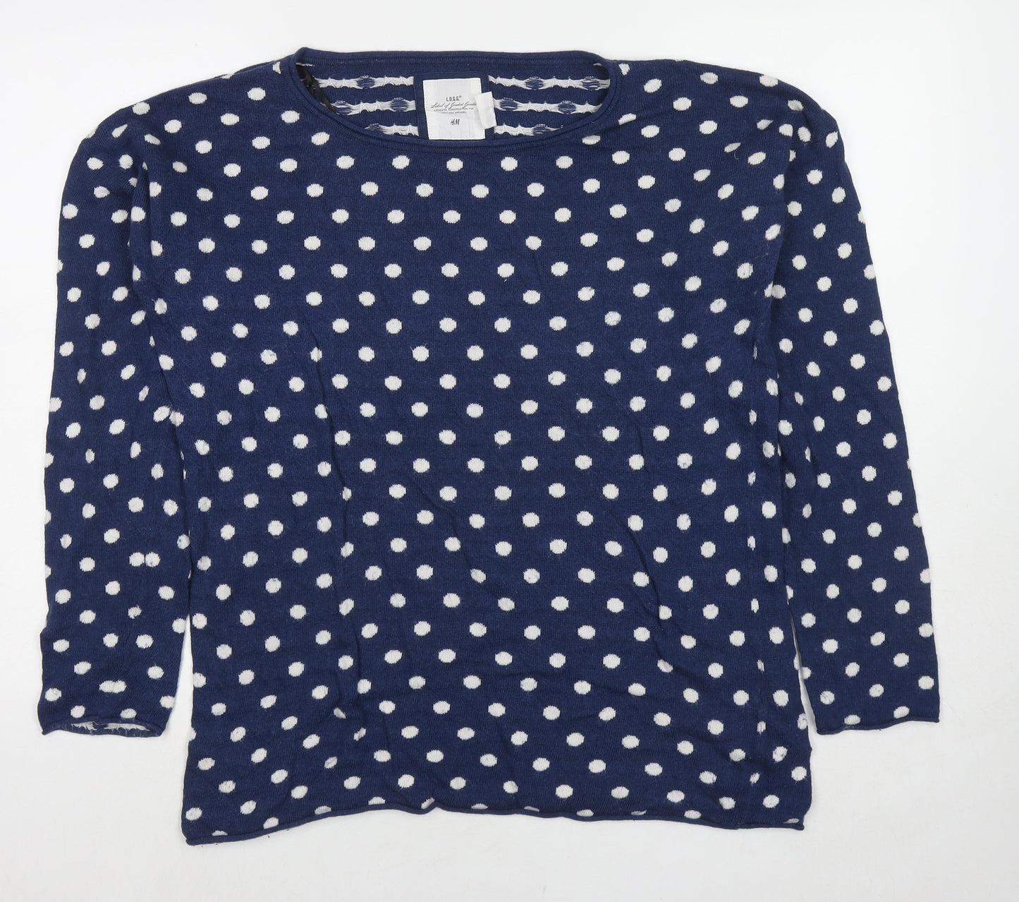 H&M Womens Blue Round Neck Polka Dot Cotton Pullover Jumper Size L